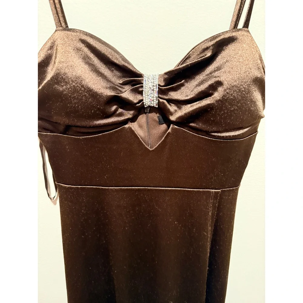 Jump Apparel Chocolate Brown Satin Rhinestone Prom Maxi Dress Size 3/4 NEW‎